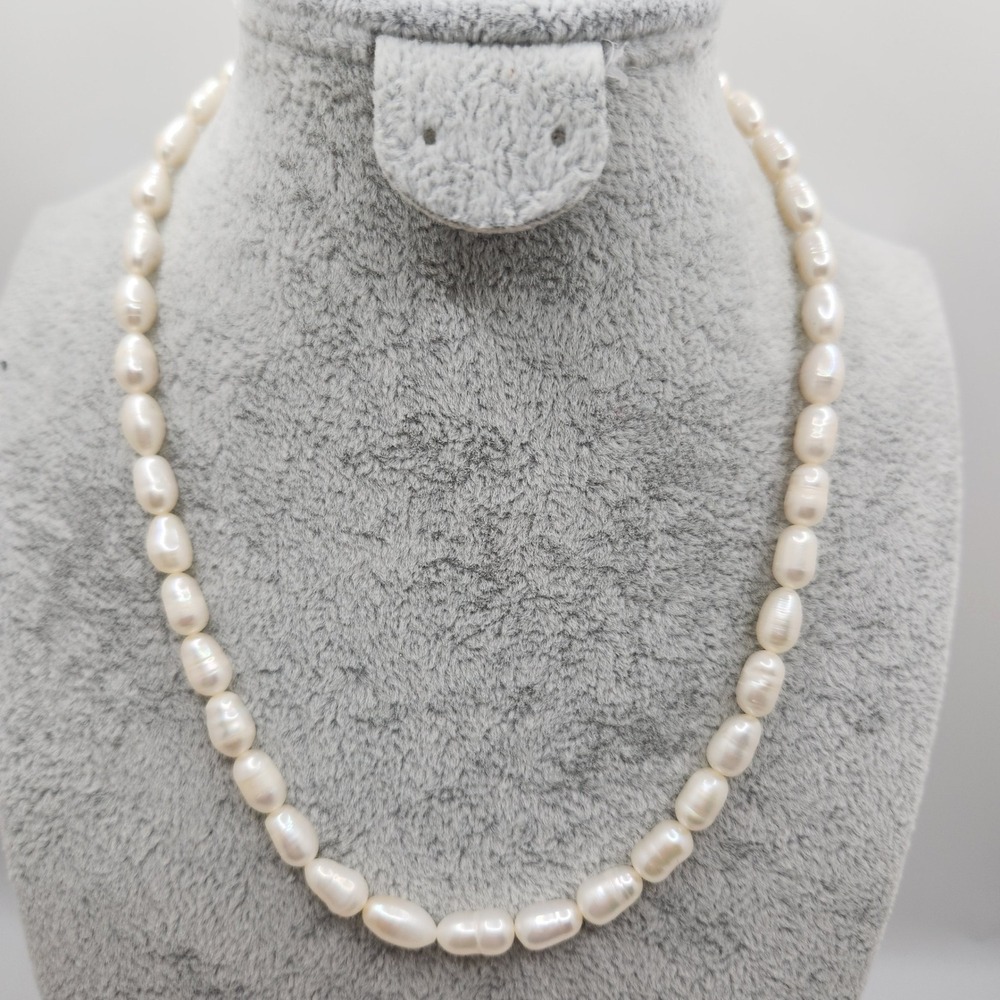 Vintage Cultured Pearl Necklace 16 Inch Rice Pearl Gold Tone Box Clasp White